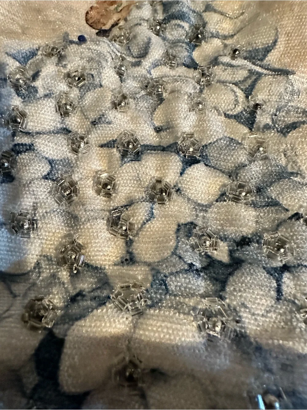 Floral Hydrangea beaded table runner in Cream, tan and Blue